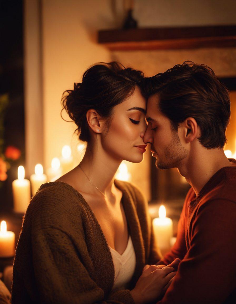 A cozy, intimate setting featuring a couple sharing a warm embrace by a flickering fireplace, surrounded by soft, ambient lighting and romantic decor. The scene captures the essence of affection and passion, with highlights of heart-shaped candles and floral arrangements symbolizing love. Emphasize warmth in colors, and the couple's joyful expressions, reflecting deep emotional connection. super-realistic. warm tones. soft focus.