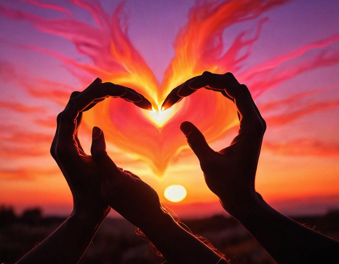 A heart-shaped fire glowing with warmth, surrounded by intertwined hands symbolizing connection. Background featuring a sunset blending vibrant orange and pink hues, illustrating passion and love. Include soft, blurred silhouettes of couples gazing into each other's eyes, embodying devotion. Artistic brush strokes for a dreamy effect. super-realistic. vibrant colors. warm atmosphere.